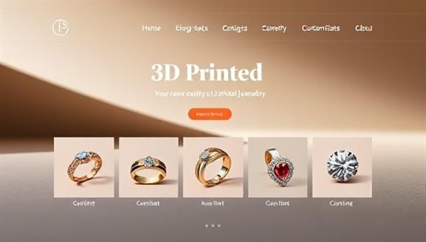 An elegant, minimalist website interface showcasing various 3D printed jewelry designs against a sleek, modern background, reflecting sophistication and customization.