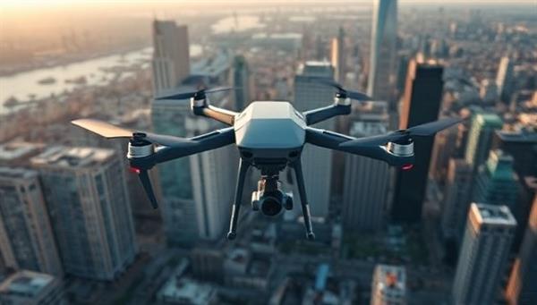 An aerial view of a delivery drone hovering over a bustling city skyline, with a package securely attached, symbolizing the efficiency and innovation of SkyCargo Express in transforming the delivery landscape.