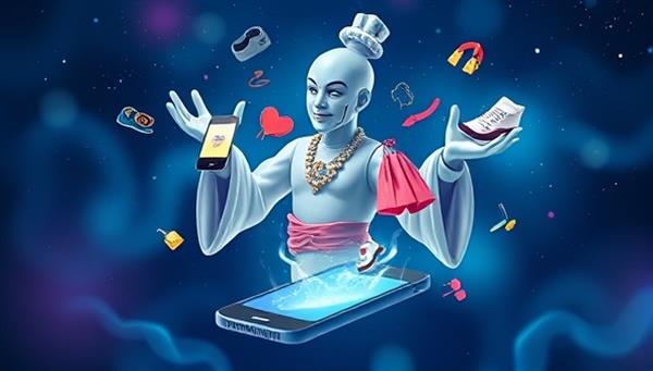 An artistic representation of a virtual shopping assistant in the form of a genie emerging from a smartphone, presenting various fashion items and deals to the user, symbolizing the magical shopping experience powered by AI technology.
