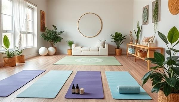 A serene wellness center setting with calming decor, yoga mats, essential oils, and green plants, creating a tranquil and inviting space for wellness coaching sessions, meditation practices, and fitness classes, promoting a holistic approach to health and well-being.