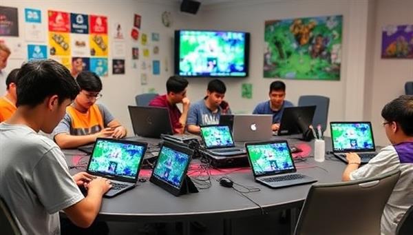 A vibrant workshop setting with participants immersed in designing mobile games on laptops, surrounded by colorful game assets and development tools, showcasing the collaborative and creative environment of GameCraft Studio workshops.