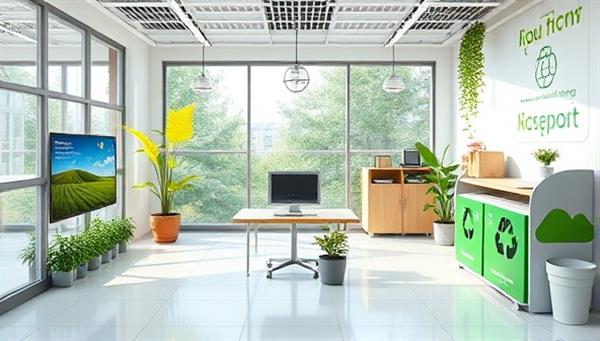 A digital visualization of a sustainable office environment with energy-efficient technology, recycling stations, and greenery, illustrating the concept of online sustainability consulting.