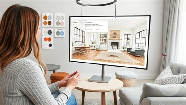 A virtual interior design consultation scene featuring a designer presenting a mood board and 3D room visualization to a client, with design samples, color swatches, and furniture suggestions, illustrating the creative and collaborative design process offered by VirtualVibe Designs.