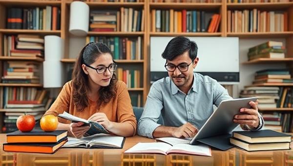 A digital collage featuring a mentor and mentee engaging in a virtual writing session, with books, notebooks, and digital devices in the background, symbolizing knowledge sharing, learning, and collaboration in the digital writing mentorship platform.