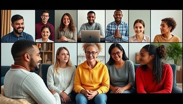 A diverse group of individuals engaging in a virtual mental health support session, with a therapist leading the discussion and participants sharing their experiences, conveying a sense of unity and understanding within the community.