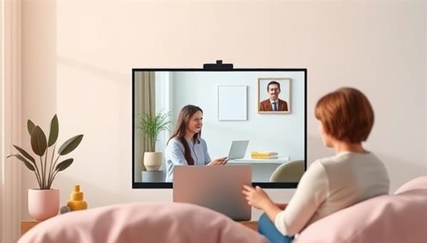 An emotionally supportive image of a virtual therapy session, showing a counselor and client engaged in a video call, surrounded by calming colors and soothing visuals, reflecting the comfort and professionalism of online mental health counseling.