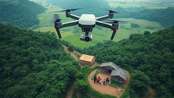 An awe-inspiring aerial view of a drone hovering over a lush green landscape, lowering a package to a remote village below, with villagers eagerly awaiting the delivery, symbolizing the efficiency and accessibility of drone logistics in hard-to-reach areas.