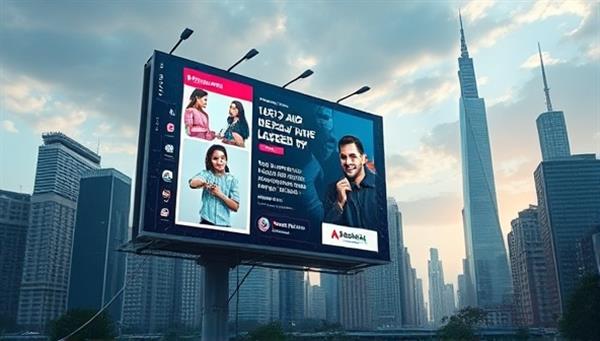An imaginative visualization of a digital billboard displaying dynamic and personalized advertisements based on real-time consumer data, surrounded by a futuristic cityscape, symbolizing the cutting-edge technology and targeted approach of AdViseAI.