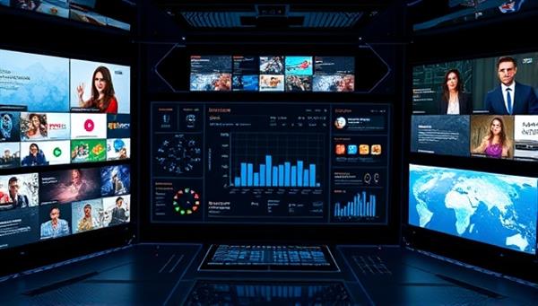 A futuristic dashboard displaying a sleek AI interface generating content in real-time, surrounded by digital screens showcasing diverse content types, symbolizing efficiency and innovation.