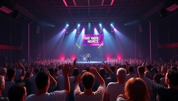 An immersive virtual concert setting with a stage, lights, and a crowd of virtual avatars cheering and interacting with the performers, capturing the excitement and energy of a live music event in a digital environment.