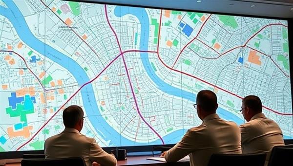 An immersive visualization of a city map overlaid with data layers showing population density, infrastructure networks, and environmental risks, with government officials analyzing the insights on a large screen during a planning meeting, emphasizing the power of geospatial intelligence in urban management.