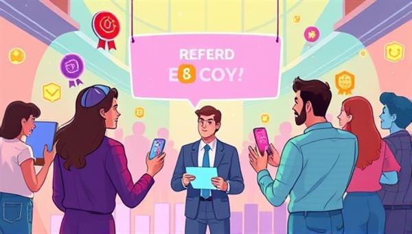 An energetic and colorful digital illustration showing employees engaging in a virtual quest, earning rewards and badges as they refer top talent to their company, creating a vibrant and collaborative atmosphere.
