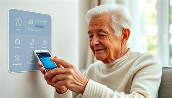 A heartwarming image of an elderly individual using a smart home device to communicate with a caregiver or family member, with a digital interface displaying health metrics, medication reminders, and emergency contact options, symbolizing independence and connectivity in elderly care through SilverGuard Tech.