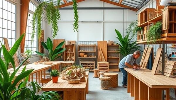 A workshop setting with artisans crafting wooden furniture pieces using recycled materials, surrounded by lush green plants and natural lighting, conveying a harmonious blend of sustainability and creativity.