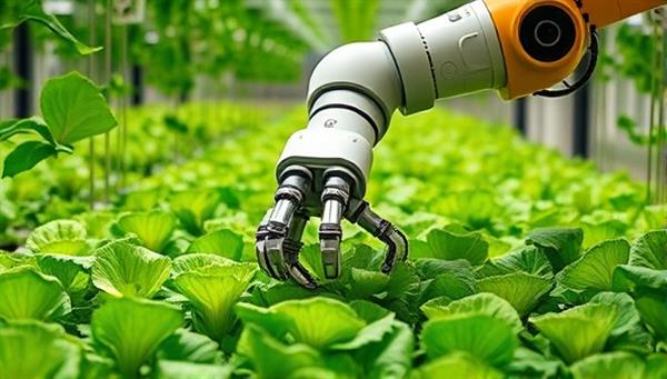 An advanced robotic arm in a vertical farm environment delicately harvesting vibrant green lettuce leaves, showcasing the precision and efficiency of HarvestTech Solutions