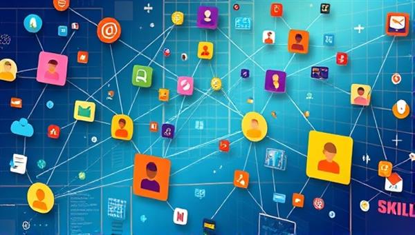 An illustrative depiction of a virtual marketplace where colorful icons representing different skills float around, connecting with each other to symbolize the exchange of knowledge and expertise in a vibrant and dynamic ecosystem.