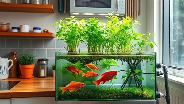 A cozy kitchen corner transformed into an aquaponics oasis, showcasing a harmonious ecosystem of fish swimming in a tank below lush green plants thriving in water, illustrating the symbiotic relationship and sustainable nature of aquaponics.