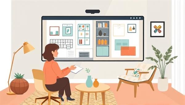 A digital illustration of a virtual interior design consultation session, showing a designer and a client discussing room layouts and color schemes on a virtual call, surrounded by design sketches and fabric swatches, conveying creativity and collaboration.