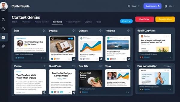 An AI-powered content creation dashboard displaying a variety of content formats, including blog posts, social media captions, and email newsletters generated by ContentGenie, highlighting the platform