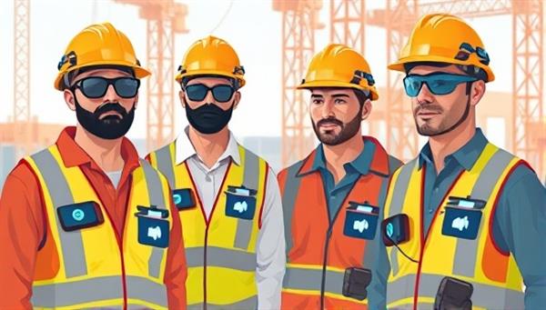 An illustration showcasing construction workers wearing smart safety wearables with real-time monitoring features, ensuring a secure and efficient work environment.