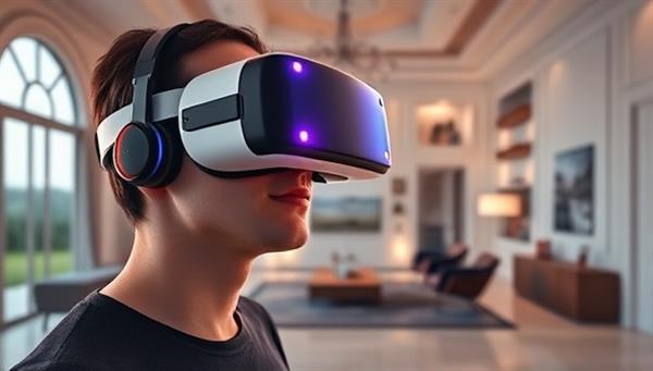 A futuristic representation of a person wearing a VR headset, exploring a digital replica of a luxurious home interior with interactive features like changing furniture styles and lighting options, illustrating the immersive and innovative nature of VR estate tours.