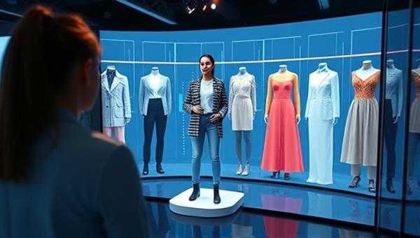 An interactive virtual fitting room where a user is trying on digital outfits displayed on a screen, with AI stylists providing real-time feedback and suggestions, creating a futuristic and engaging shopping experience.