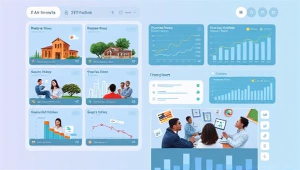An engaging digital interface showcasing various real estate investment options, interactive graphs demonstrating potential returns, and a diverse group of investors collaborating virtually on investment decisions.