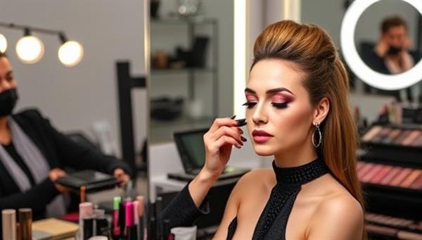 A virtual makeup masterclass session on Glam Academy Online featuring a renowned makeup artist demonstrating a glamorous evening makeup look on a model, with a backdrop of professional makeup tools and products, showcasing expertise and creativity in makeup artistry.