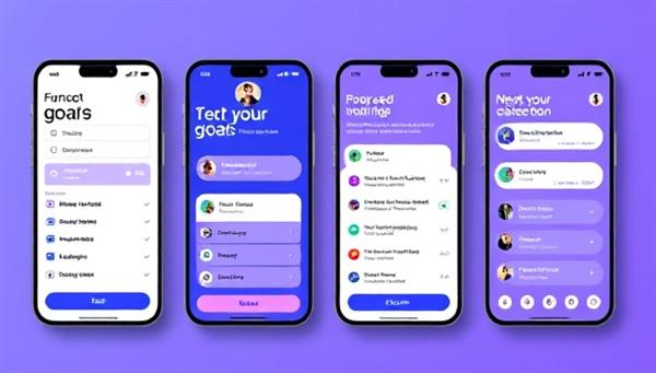 An engaging app interface screenshot showing a user setting financial goals, receiving personalized recommendations, and chatting with a financial coach, demonstrating the app