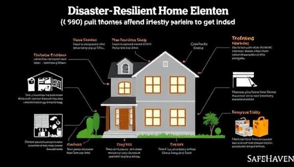 An infographic illustrating the key elements of disaster-resilient home design, including reinforced structures, storm shutters, and emergency supply kits, showcasing the comprehensive approach to home safety that SafeHaven Solutions offers to clients.