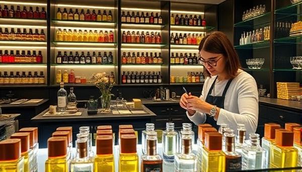An elegant workspace featuring rows of exotic essential oils, beautiful glass bottles, and a professional perfumer assisting a client in blending their signature scent, evoking a sense of luxury and creativity.