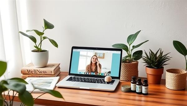 An aesthetically pleasing home office setup with plants, wellness books, a laptop displaying a consultation session, and calming essential oils, evoking a sense of tranquility and holistic well-being.