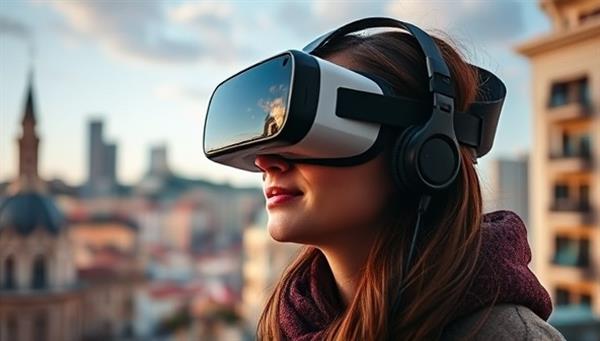 An image of a person wearing a VR headset, immersed in a virtual travel experience exploring a vibrant cityscape, capturing the essence of VirtuJourney