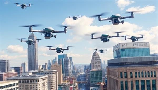 An urban skyline with a fleet of SkyDrop delivery drones soaring through the air, carrying packages against the backdrop of skyscrapers and bustling city streets, illustrating the future of efficient and automated urban logistics.
