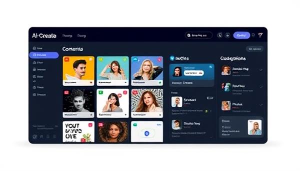 A sleek and modern interface of the AI-Create platform, showcasing a user-friendly dashboard with colorful content suggestions and customization options, symbolizing efficiency and innovation.