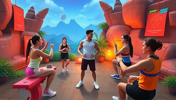 A group of players engaged in virtual fitness challenges, performing exercises and activities in a digital world filled with obstacles and rewards, with a fitness trainer avatar providing guidance and motivation, illustrating the blend of gaming and fitness in an online adventure setting.