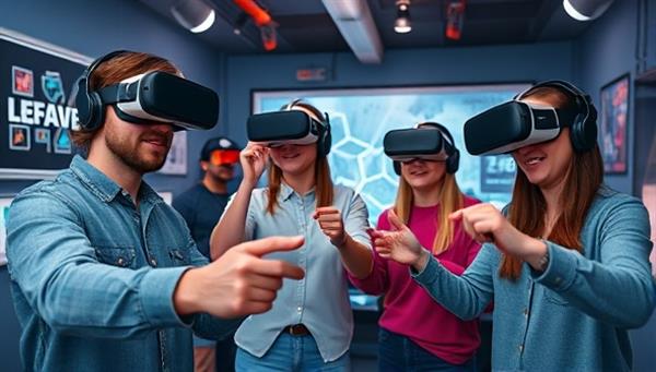 A group of friends wearing VR headsets, enthusiastically solving puzzles in a virtual escape room filled with futuristic elements and challenges, showcasing the immersive and engaging nature of the experience.