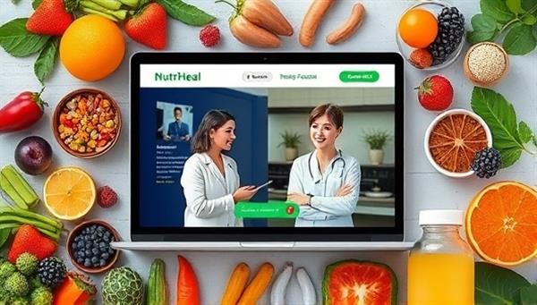 An artistic representation of NutriHeal Connect platform showcasing a virtual consultation between a nutritionist and a client discussing personalized supplement recommendations, surrounded by vibrant images of functional foods and natural ingredients, conveying a sense of holistic wellness and nutritional guidance.