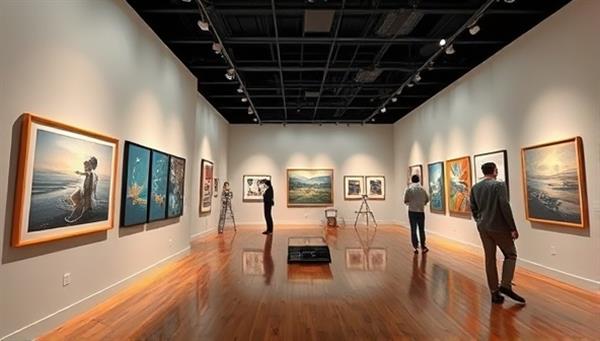 A virtual art gallery scene with digital artworks displayed on virtual walls, users exploring the gallery space and interacting with art pieces through a 3D immersive experience, creating a sophisticated and vibrant art environment in a virtual setting.