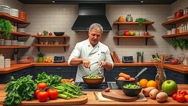 A virtual kitchen setting with a top chef demonstrating a cooking technique, surrounded by an array of colorful ingredients, cooking utensils, and a digital cookbook, creating an immersive culinary learning environment that sparks creativity and culinary passion.