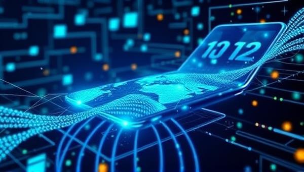 An artistic representation of data streams flowing from smartphones into a digital marketplace, where buyers and sellers interact in a secure and transparent ecosystem, symbolizing the innovative data monetization platform of DataProfit Connect and the value exchange of telecommunication data.
