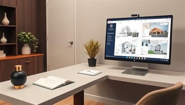 An elegant virtual consultation setup with a modern architect desk, a computer displaying architectural drawings, mood boards, and a video call interface with a client discussing design ideas, portraying professionalism and creativity in the virtual design process.