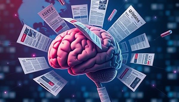 An artistic representation of news articles floating around a personalized AI-powered brain, symbolizing the tailored news insights delivered by AI News Insight.