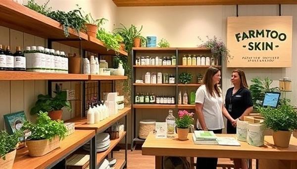 A charming beauty store ambiance showcasing rustic wooden shelves lined with organic skincare products, fresh herbs and flowers adorning the displays, a knowledgeable staff member providing skincare advice to a customer, and a prominent sign highlighting the brand