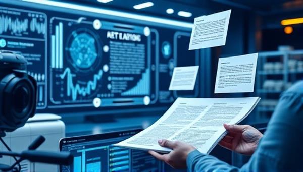 A futuristic AI interface analyzing legal documents in a digital workspace, with legal texts floating in a virtual reality environment, depicting the seamless integration of technology in the legal industry.