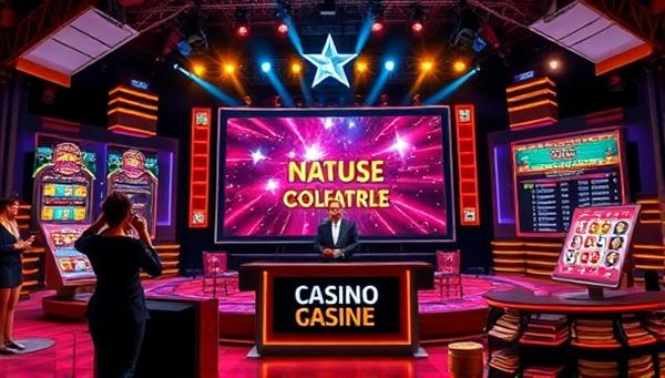 An exciting scene depicting a live interactive game show set with flashy lights, a charismatic host, enthusiastic contestants, and a digital casino backdrop, showcasing the fusion of entertainment, gaming, and real-time engagement of GameShow Casino Royale.