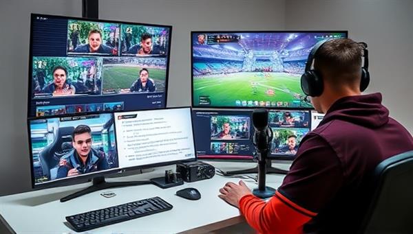 A virtual coaching session setup with a professional gamer providing live feedback and guidance to a player on their gameplay, with screens displaying gameplay footage, strategy notes, and improvement tips, illustrating the coaching process.