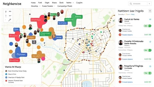 An engaging visual representation of a diverse group of individuals sharing insights and recommendations about neighborhoods on a digital platform, with interactive maps, ratings, and user profiles, showcasing the collaborative and informative nature of Neighborwise Reviews.