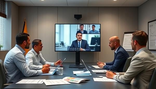 A virtual meeting room setting with consultants engaging with government officials via video call, surrounded by digital reports and policy documents, symbolizing remote collaboration and expertise exchange.