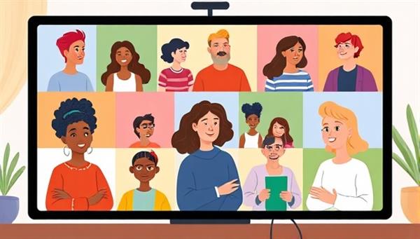 An illustration of diverse individuals in virtual group therapy sessions on a computer screen, exchanging supportive messages and participating in mindfulness exercises, illustrating connection and emotional well-being.